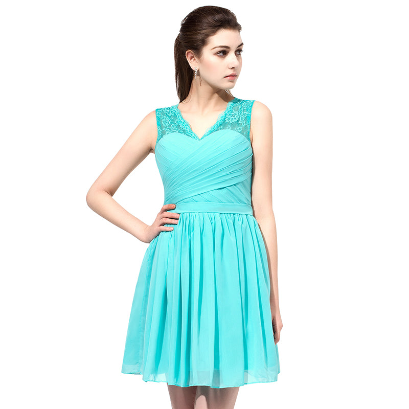 Chic Turquoise Sleeveless V - neck Lace - trimmed Chiffon Prom Dress, SD358