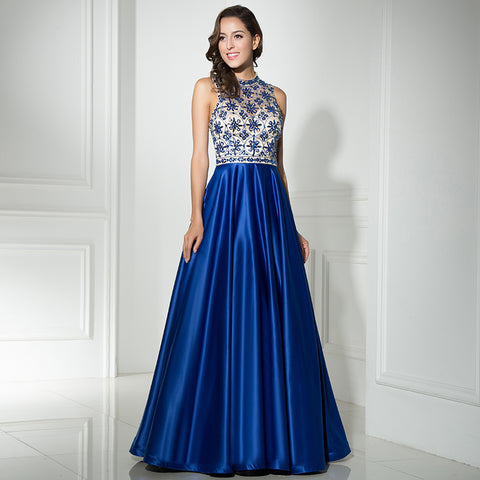 Elegant Halter - Neck Blue Satin Gown with Floral Embroidered Bodice Prom Dress,LX318
