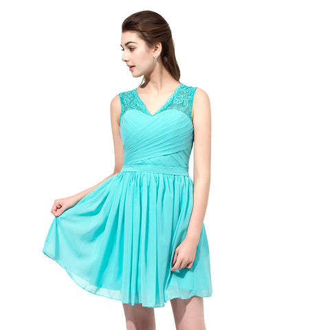 Chic Turquoise Sleeveless V - neck Lace - trimmed Chiffon Prom Dress, SD358