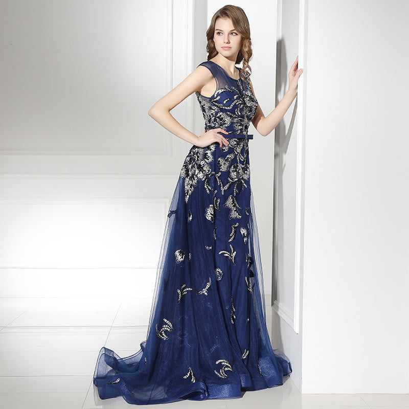Elegant Sleeveless Navy Blue Gown with Silver Floral Embroidery and Flowing Tulle Prom Dress,LX382
