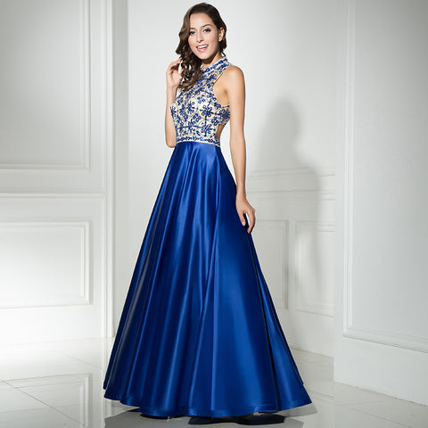 Elegant Halter - Neck Blue Satin Gown with Floral Embroidered Bodice Prom Dress,LX318