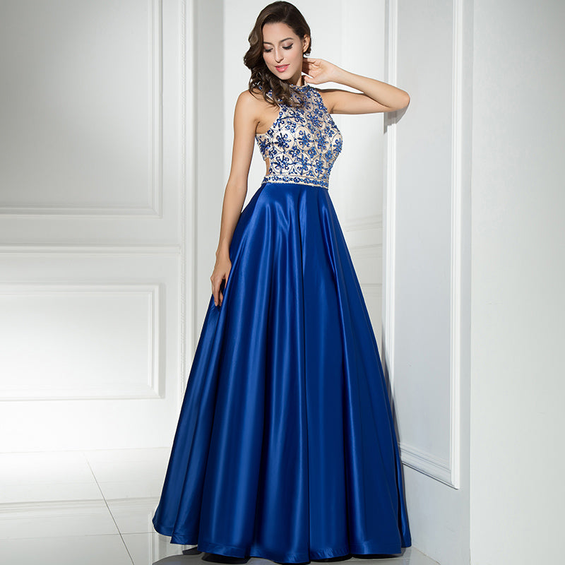 Elegant Halter - Neck Blue Satin Gown with Floral Embroidered Bodice Prom Dress,LX318