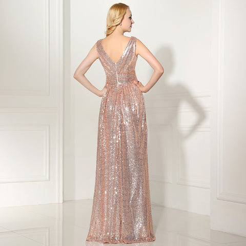 Glamorous Rose Gold Sequin V - Neck Sleeveless Evening Gown Prom Dress, SD349