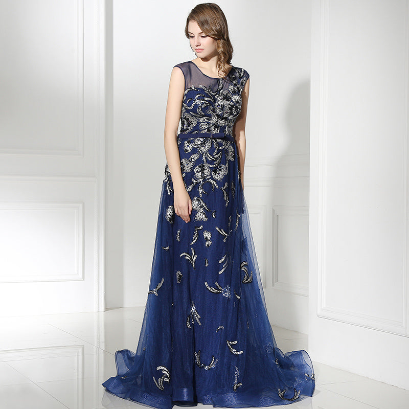 Elegant Sleeveless Navy Blue Gown with Silver Floral Embroidery and Flowing Tulle Prom Dress,LX382