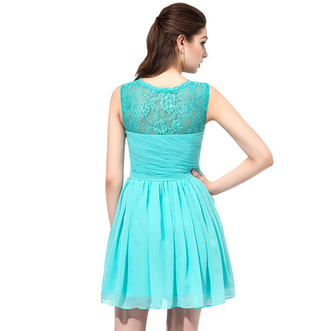 Chic Turquoise Sleeveless V - neck Lace - trimmed Chiffon Prom Dress, SD358