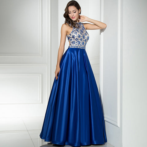 Elegant Halter - Neck Blue Satin Gown with Floral Embroidered Bodice Prom Dress,LX318