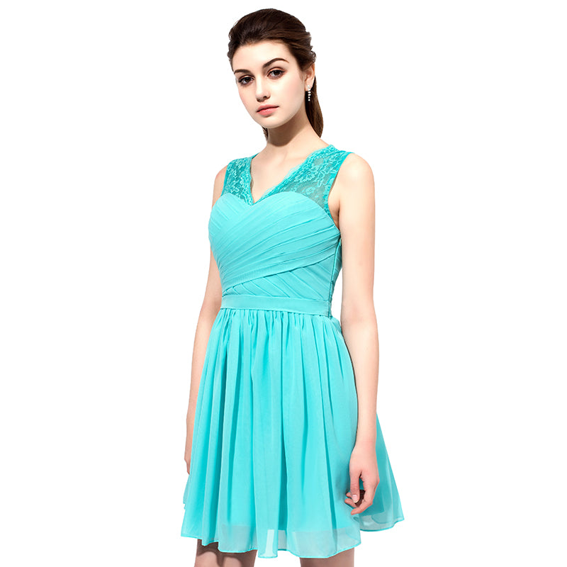 Chic Turquoise Sleeveless V - neck Lace - trimmed Chiffon Prom Dress, SD358