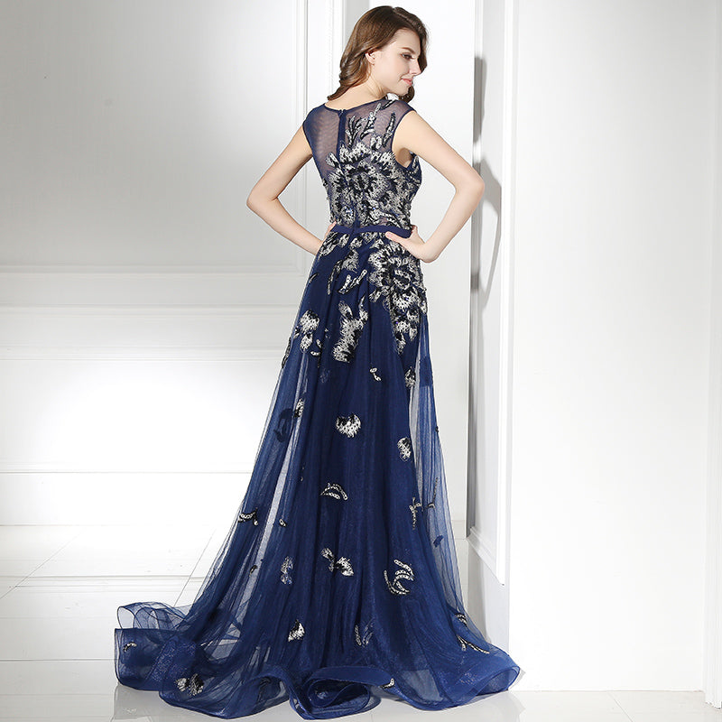 Elegant Sleeveless Navy Blue Gown with Silver Floral Embroidery and Flowing Tulle Prom Dress,LX382