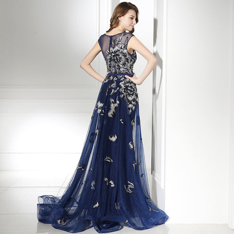 Elegant Sleeveless Navy Blue Gown with Silver Floral Embroidery and Flowing Tulle Prom Dress,LX382
