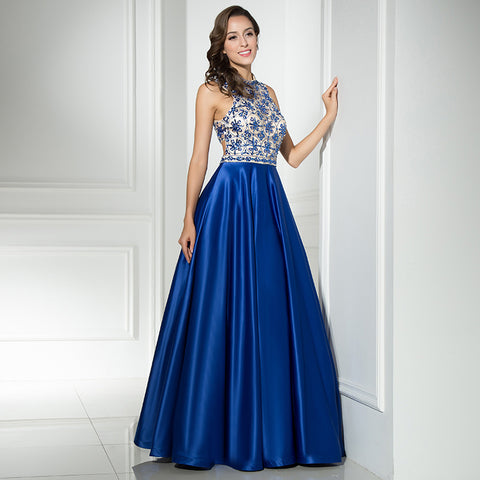 Elegant Halter - Neck Blue Satin Gown with Floral Embroidered Bodice Prom Dress,LX318