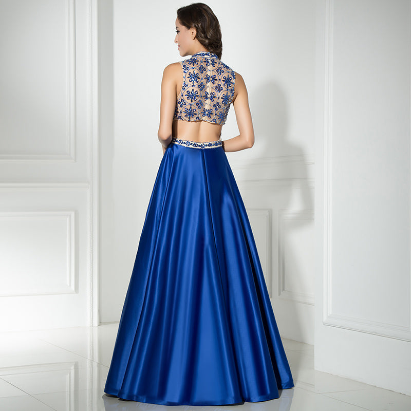 Elegant Halter - Neck Blue Satin Gown with Floral Embroidered Bodice Prom Dress,LX318
