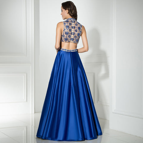 Elegant Halter - Neck Blue Satin Gown with Floral Embroidered Bodice Prom Dress,LX318