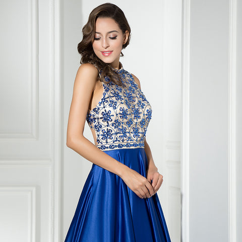 Elegant Halter - Neck Blue Satin Gown with Floral Embroidered Bodice Prom Dress,LX318