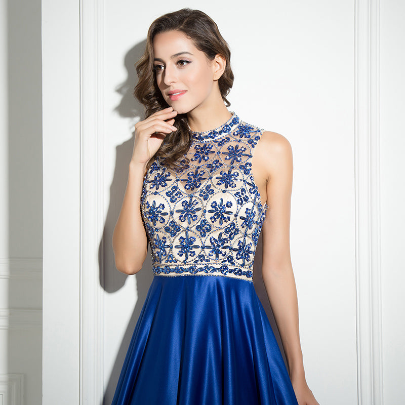 Elegant Halter - Neck Blue Satin Gown with Floral Embroidered Bodice Prom Dress,LX318