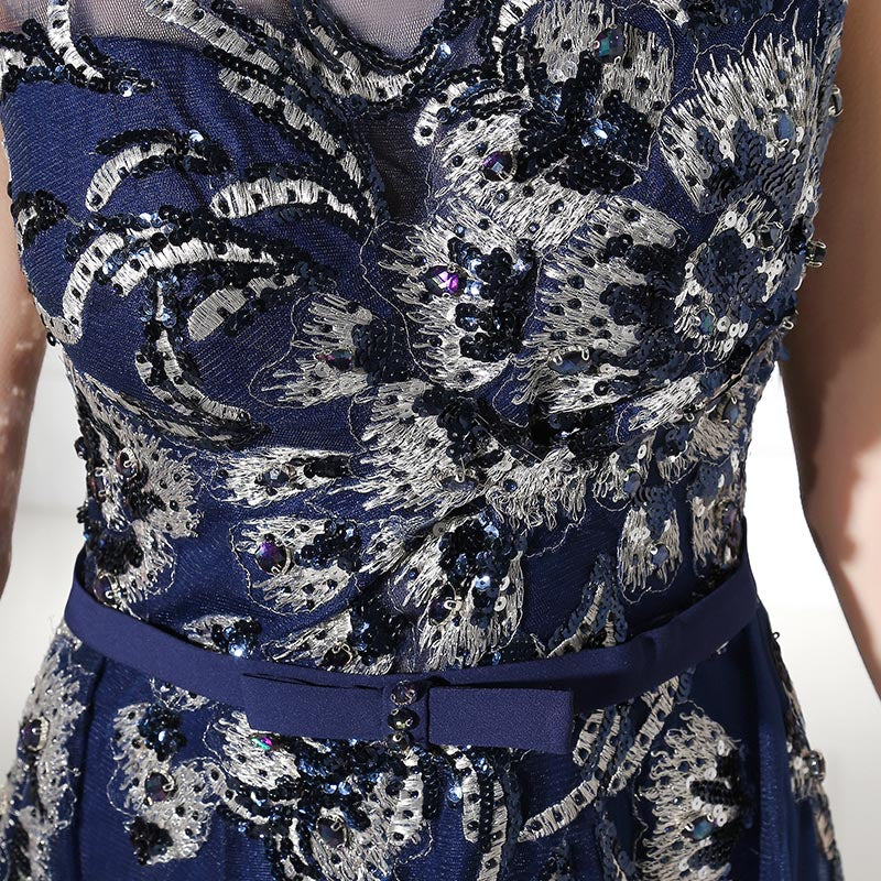 Elegant Sleeveless Navy Blue Gown with Silver Floral Embroidery and Flowing Tulle Prom Dress,LX382