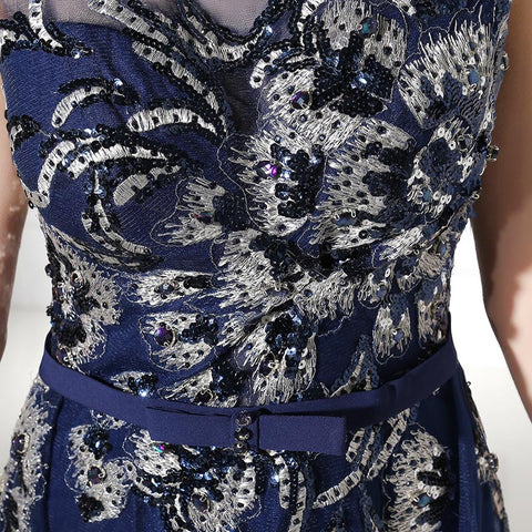 Elegant Sleeveless Navy Blue Gown with Silver Floral Embroidery and Flowing Tulle Prom Dress,LX382