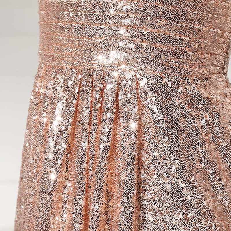 Glamorous Rose Gold Sequin V - Neck Sleeveless Evening Gown Prom Dress, SD349