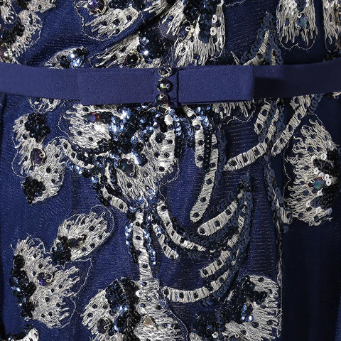 Elegant Sleeveless Navy Blue Gown with Silver Floral Embroidery and Flowing Tulle Prom Dress,LX382
