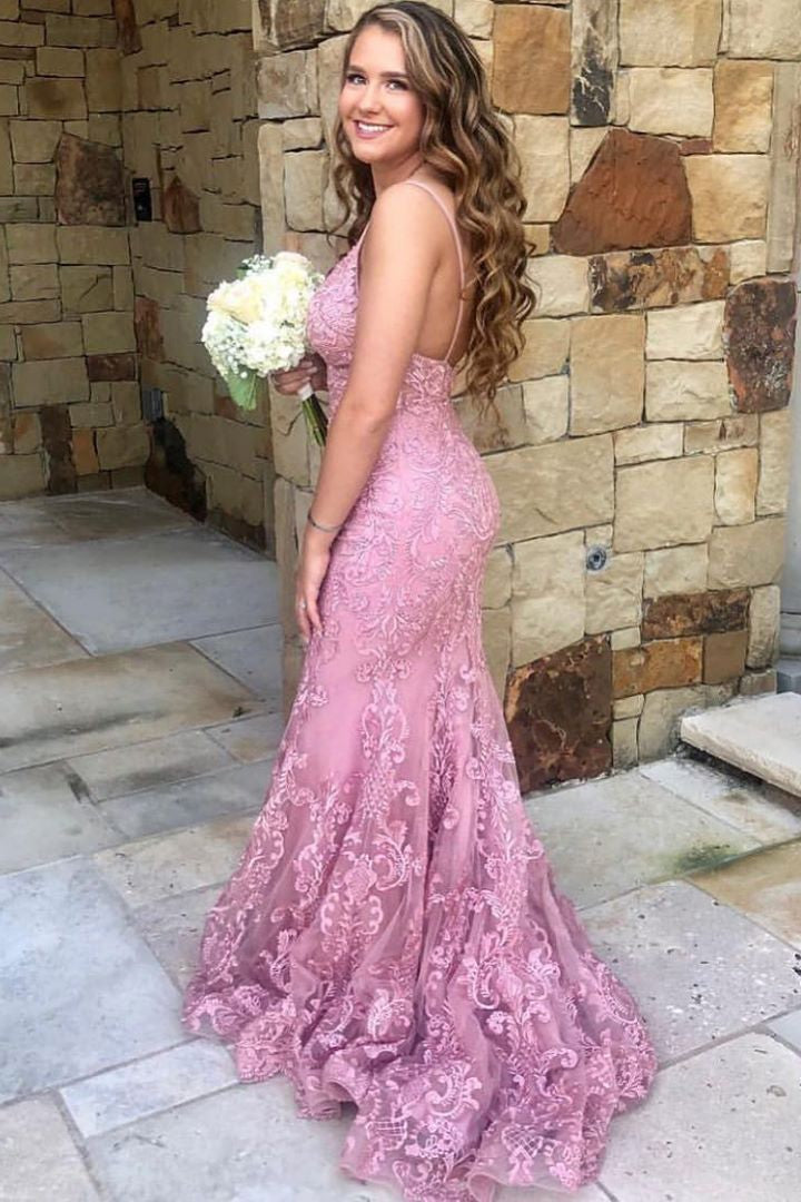 Mermaid Spaghetti Straps Lace Pink Long Prom Dress