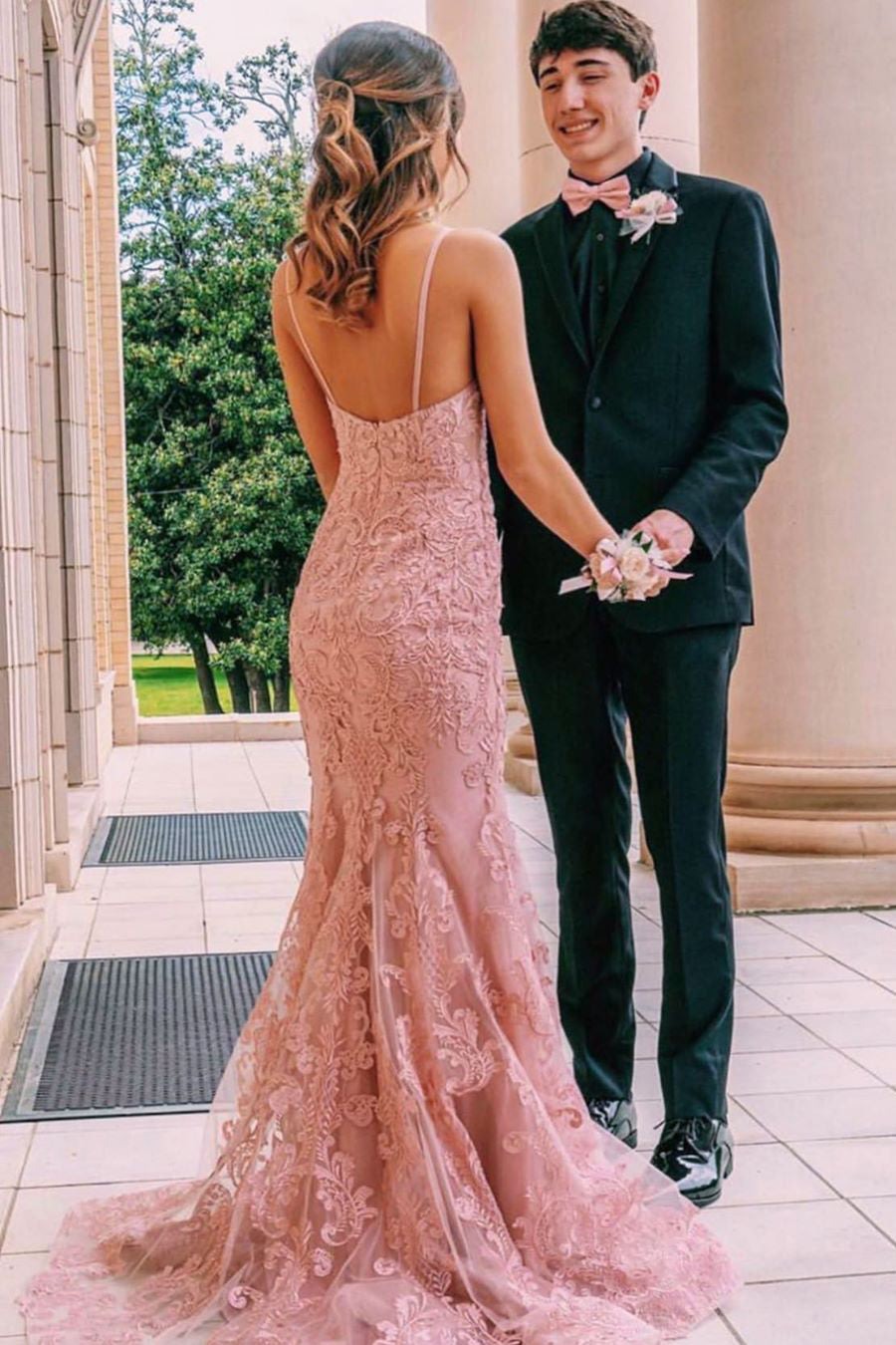 Mermaid Spaghetti Straps Lace Pink Long Prom Dress