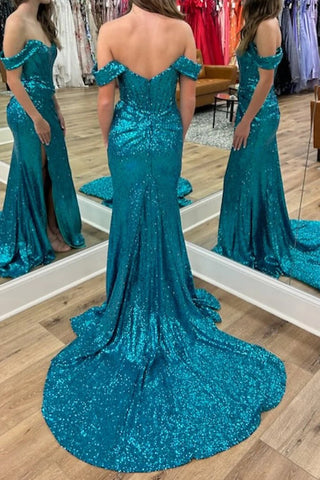 Long Sparkly Turquiose Corset  Sequins Prom Dress with Slit