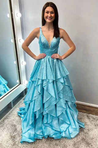 Beaded Multi-Layer Ruffle Satin Aqua Blue Long Prom Dress