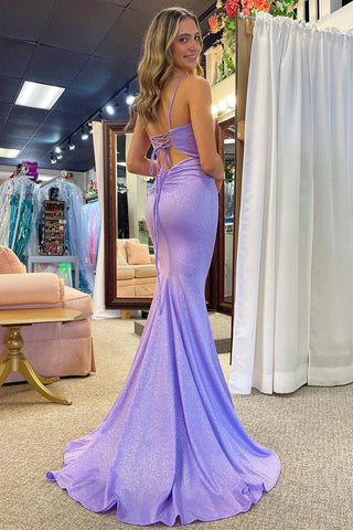 Beading Mermaid Lavender Sparkly Satin Long Prom Dresses, PD25026