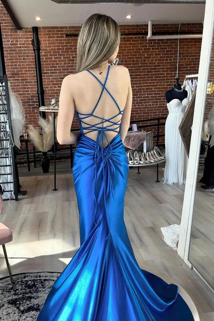 Satin Royal Blue Mermaid Long Prom Dress with Criss Cross Back, PD25155