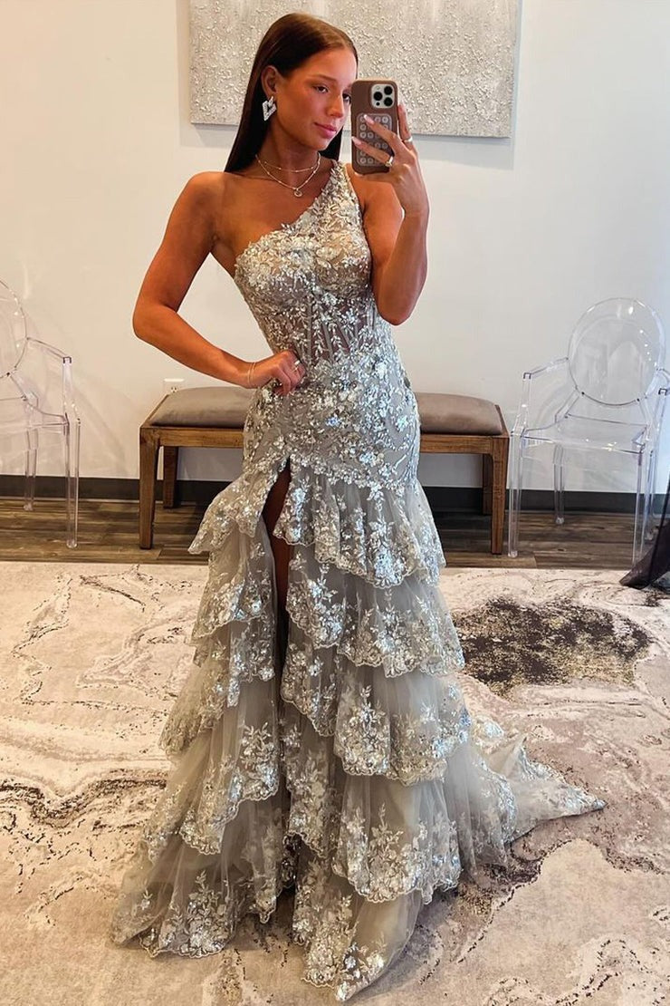 One Shoulder Grey Sequins Lace Long Mermaid Prom Dress with Slit