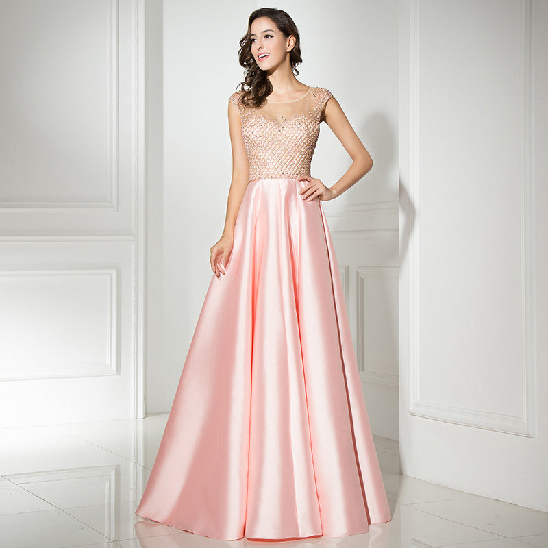 Elegant Sleeved Blush Pink Gown with Embellished Bodice Prom Dress,LX305