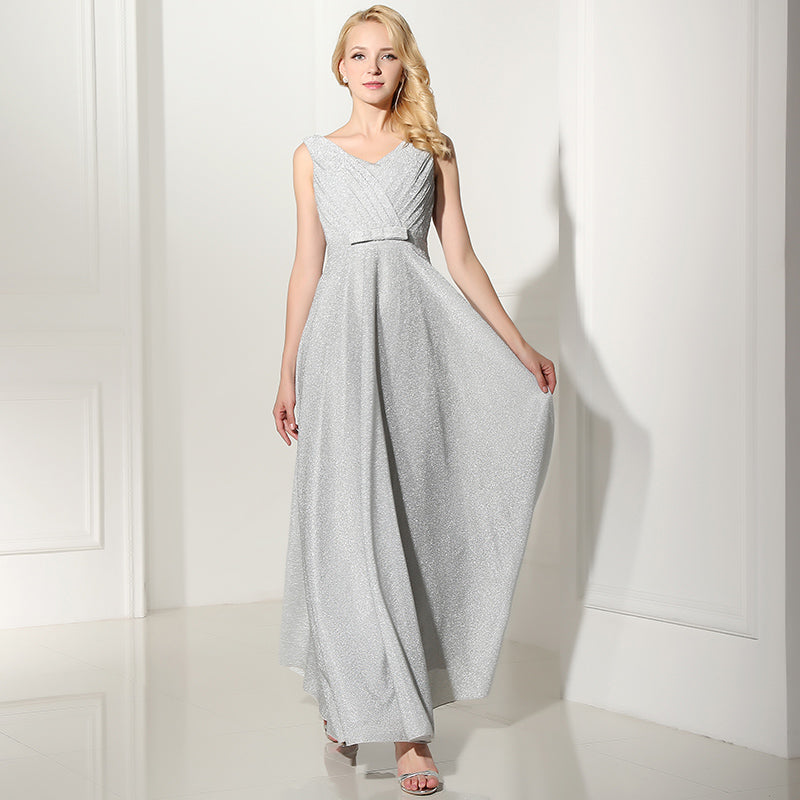 Elegant Sleeveless Light Gray V - Neck Long Evening Gown Prom Dress, SD369