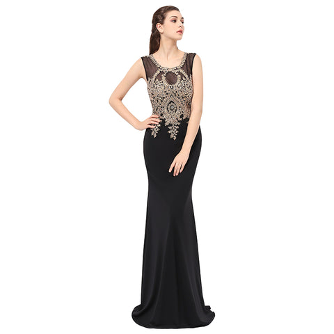 Elegant Sleeveless Black Mermaid Gown with Gold Embroidered Bodice Prom Dress,LX360