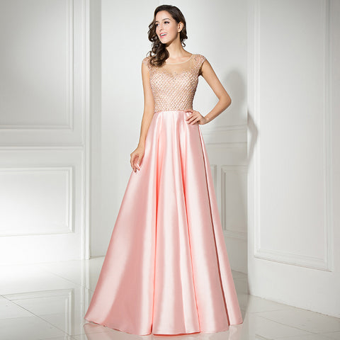 Elegant Sleeved Blush Pink Gown with Embellished Bodice Prom Dress,LX305