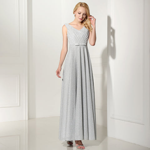 Elegant Sleeveless Light Gray V - Neck Long Evening Gown Prom Dress, SD369