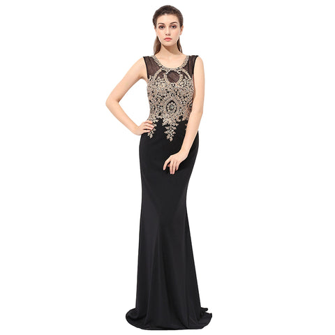 Elegant Sleeveless Black Mermaid Gown with Gold Embroidered Bodice Prom Dress,LX360