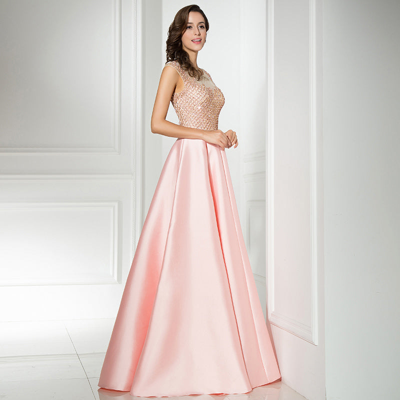 Elegant Sleeved Blush Pink Gown with Embellished Bodice Prom Dress,LX305