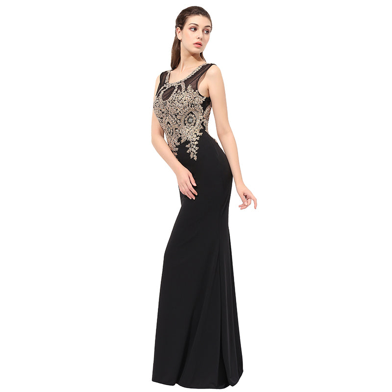 Elegant Sleeveless Black Mermaid Gown with Gold Embroidered Bodice Prom Dress,LX360
