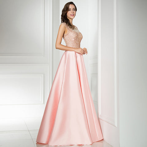 Elegant Sleeved Blush Pink Gown with Embellished Bodice Prom Dress,LX305
