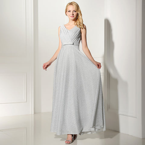 Elegant Sleeveless Light Gray V - Neck Long Evening Gown Prom Dress, SD369