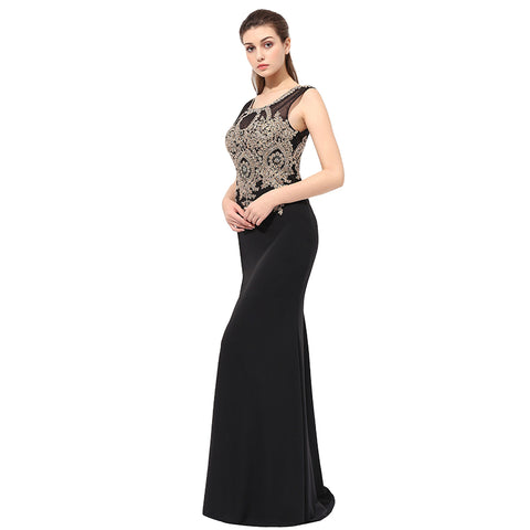 Elegant Sleeveless Black Mermaid Gown with Gold Embroidered Bodice Prom Dress,LX360