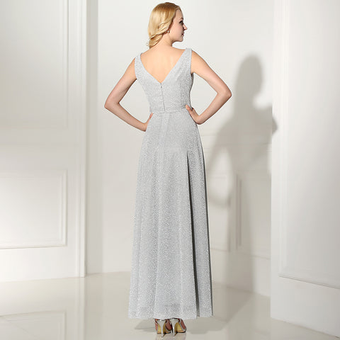 Elegant Sleeveless Light Gray V - Neck Long Evening Gown Prom Dress, SD369