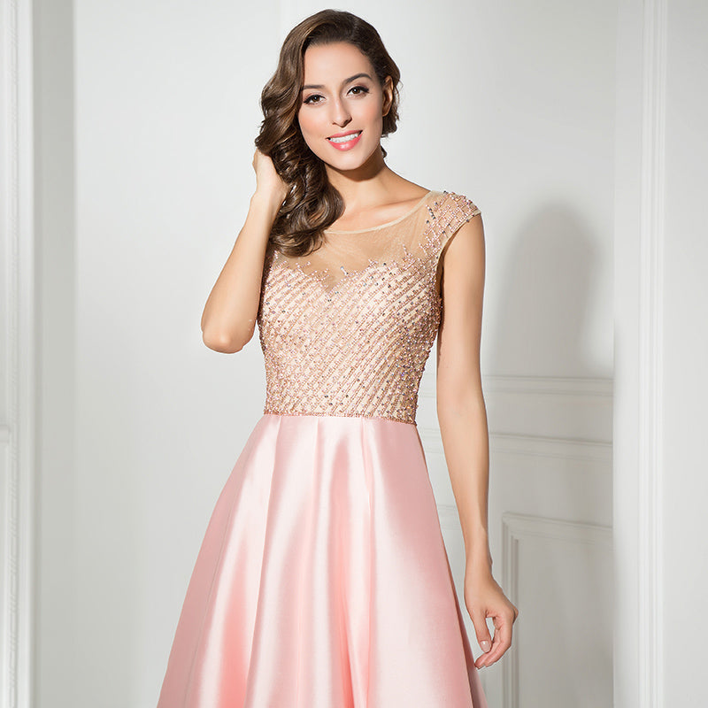 Elegant Sleeved Blush Pink Gown with Embellished Bodice Prom Dress,LX305