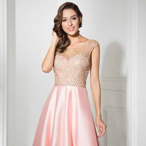 Elegant Sleeved Blush Pink Gown with Embellished Bodice Prom Dress,LX305
