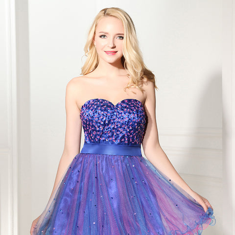 Gorgeous Strapless Blue Sequin Tulle Prom Dress , SD101
