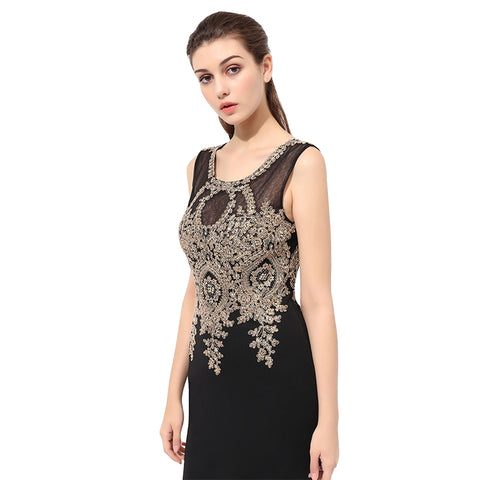 Elegant Sleeveless Black Mermaid Gown with Gold Embroidered Bodice Prom Dress,LX360