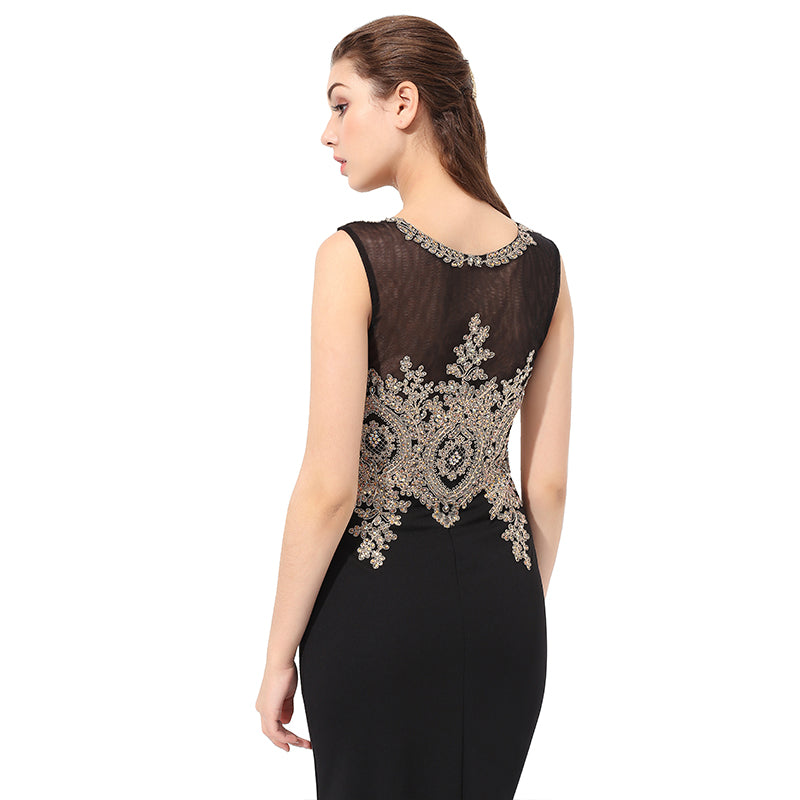Elegant Sleeveless Black Mermaid Gown with Gold Embroidered Bodice Prom Dress,LX360
