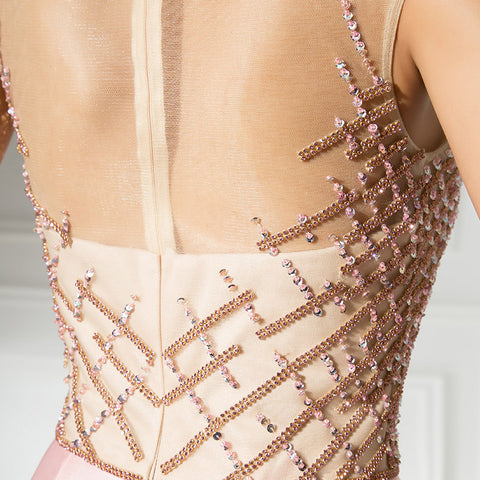 Elegant Sleeved Blush Pink Gown with Embellished Bodice Prom Dress,LX305