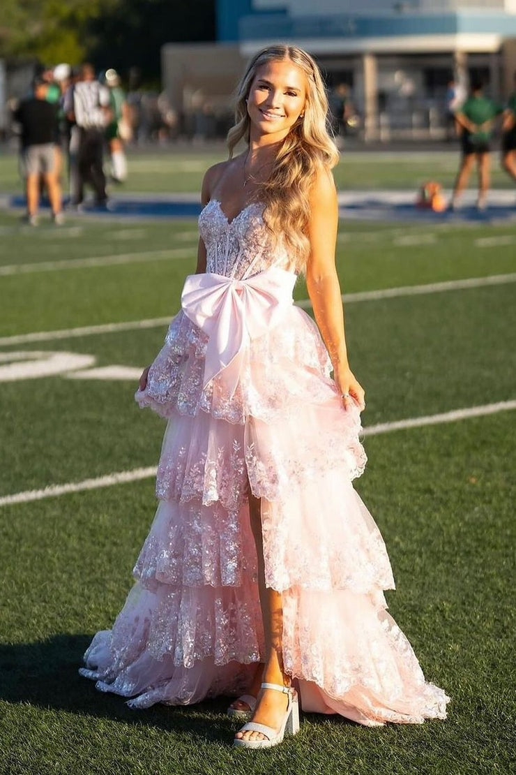 Cute V Neck Blush Pink Sequins Tiered A Line Long Prom Dresses with Bow