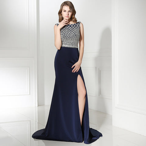 Stunning Sleeveless Navy Blue Mermaid Gown with Silver Embellished Bodice and High Slit Prom Dress,LX370