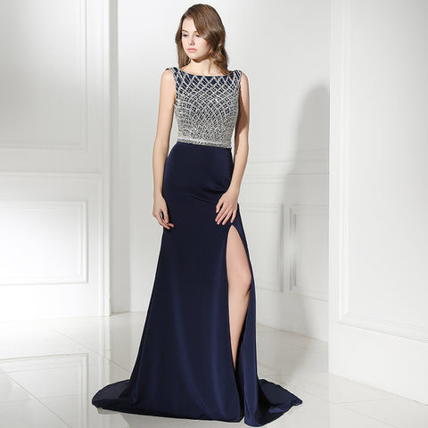 Stunning Sleeveless Navy Blue Mermaid Gown with Silver Embellished Bodice and High Slit Prom Dress,LX370